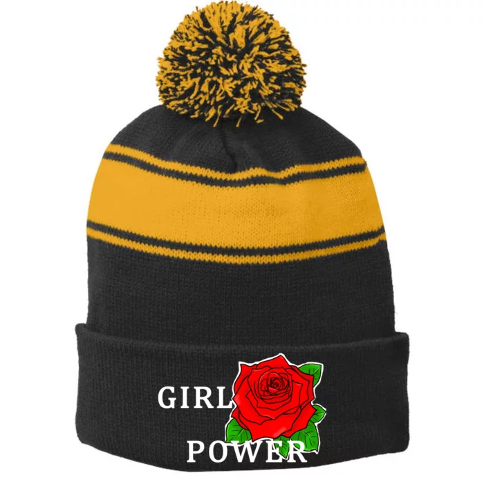 Girl Power Rose Stripe Pom Pom Beanie