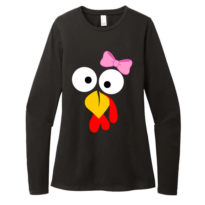 Girl Turkey Face Pink Bow Thanksgiving Day Womens CVC Long Sleeve Shirt