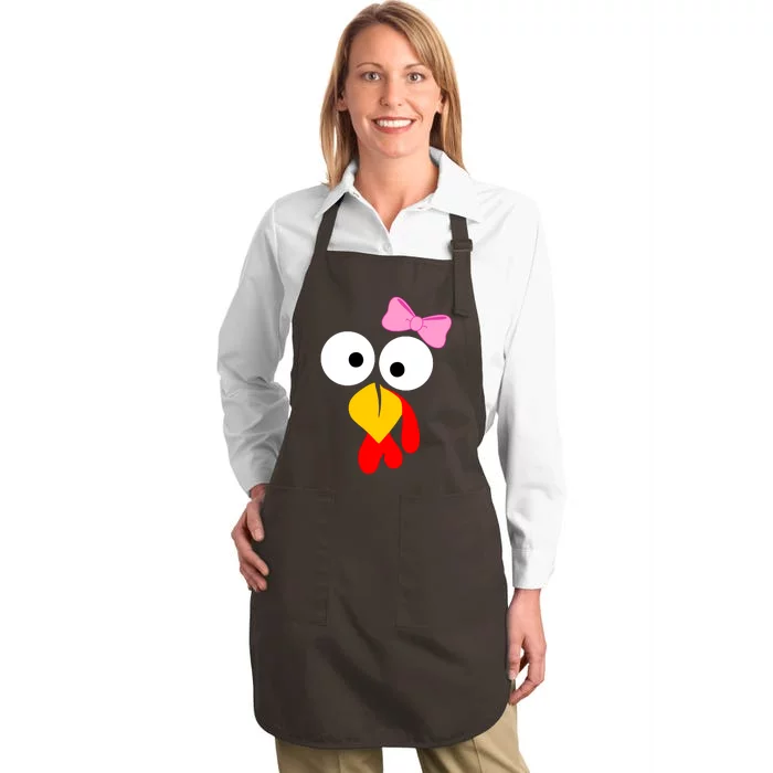 Girl Turkey Face Pink Bow Thanksgiving Day Full-Length Apron With Pocket