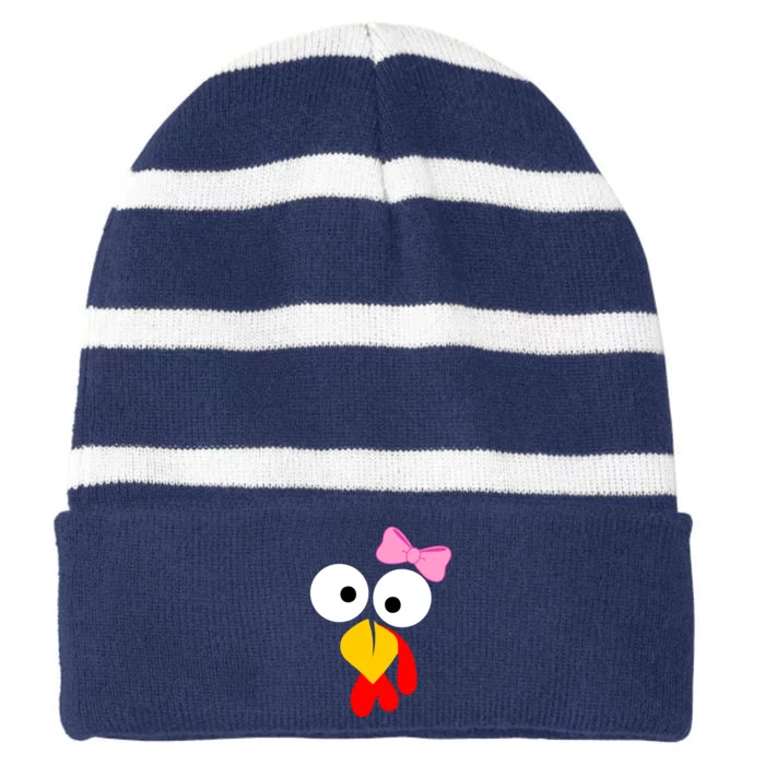 Girl Turkey Face Pink Bow Thanksgiving Day Striped Beanie with Solid Band