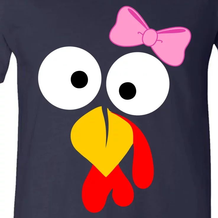 Girl Turkey Face Pink Bow Thanksgiving Day V-Neck T-Shirt