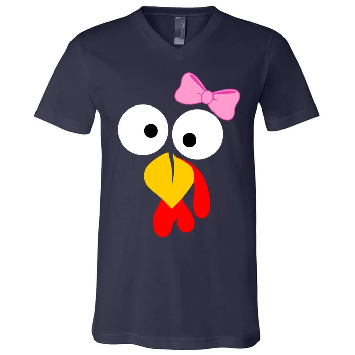 Girl Turkey Face Pink Bow Thanksgiving Day V-Neck T-Shirt