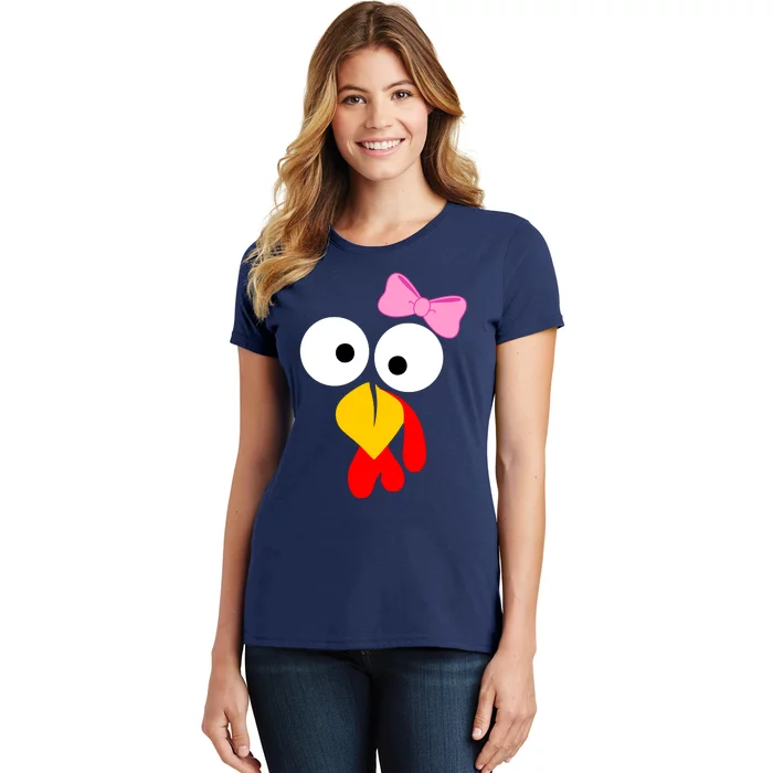 Girl Turkey Face Pink Bow Thanksgiving Day Women's T-Shirt