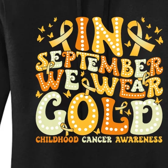 Groovy In September We Wear Gold Childhood Cancer Awareness Women's Pullover Hoodie