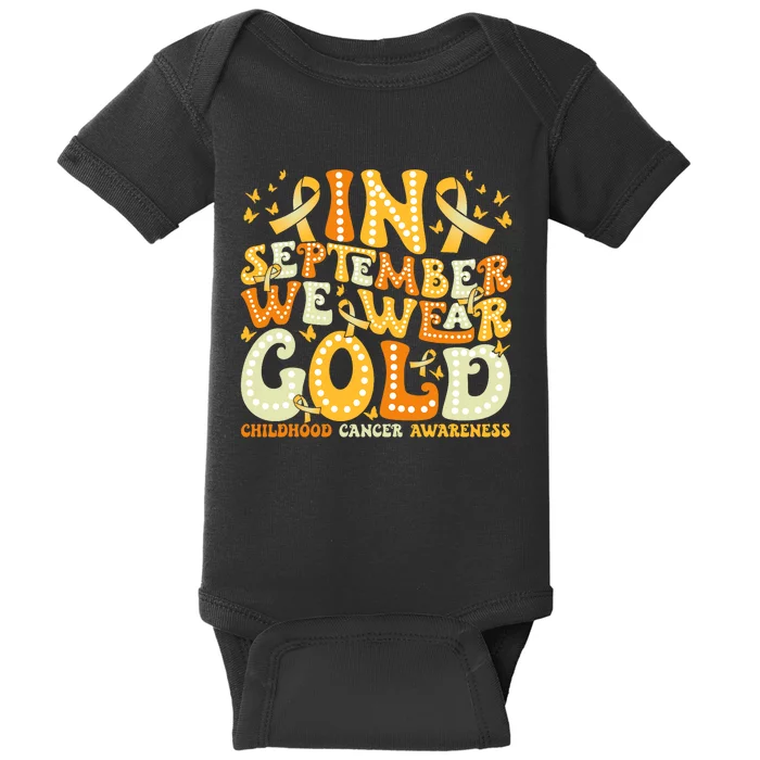 Groovy In September We Wear Gold Childhood Cancer Awareness Baby Bodysuit