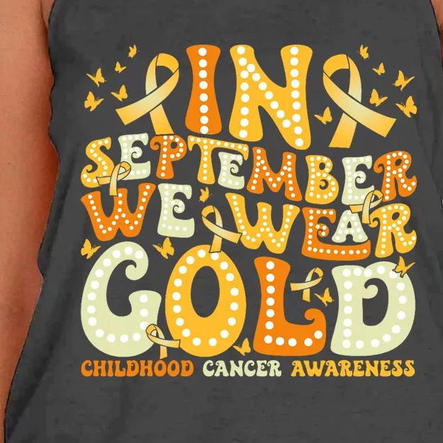 Groovy In September We Wear Gold Childhood Cancer Awareness Women's Knotted Racerback Tank