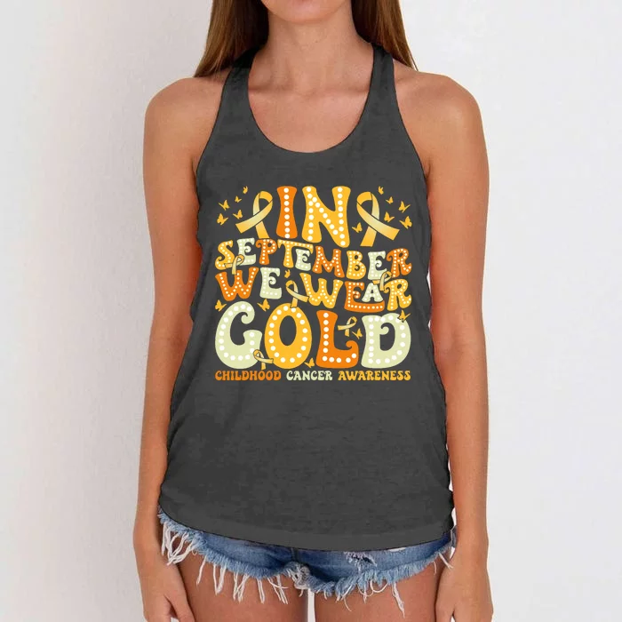 Groovy In September We Wear Gold Childhood Cancer Awareness Women's Knotted Racerback Tank