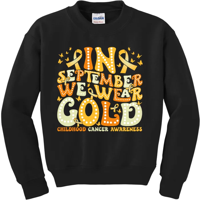 Groovy In September We Wear Gold Childhood Cancer Awareness Kids Sweatshirt