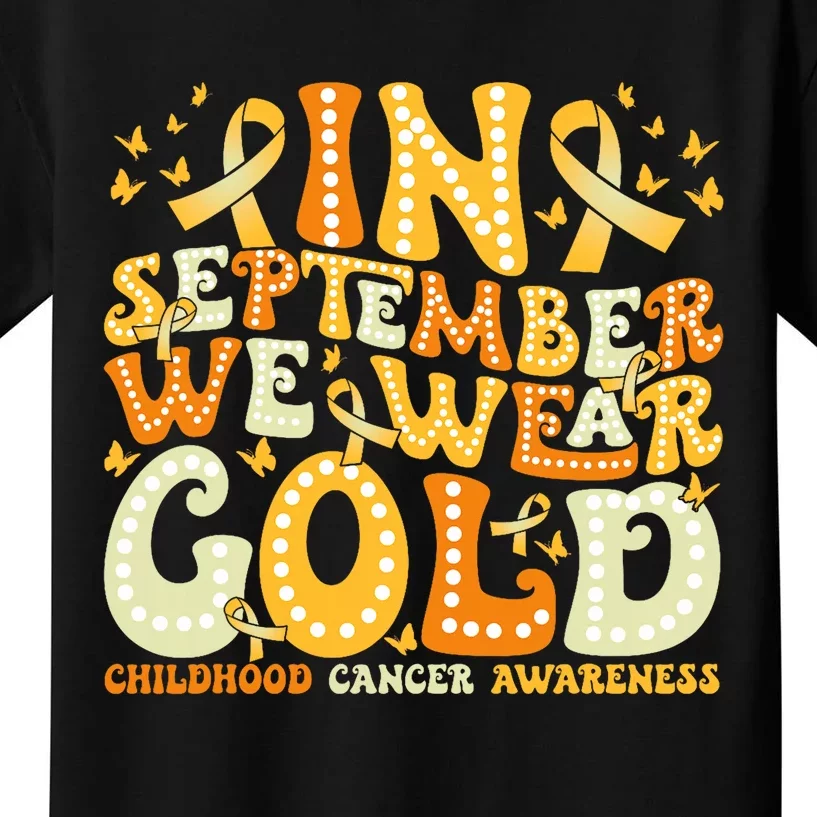 Groovy In September We Wear Gold Childhood Cancer Awareness Kids T-Shirt