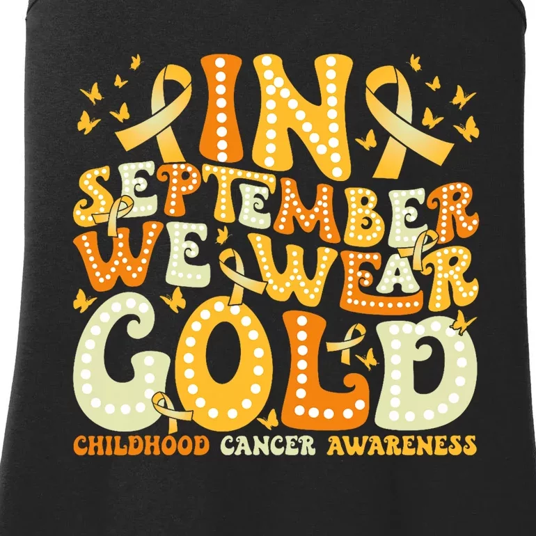 Groovy In September We Wear Gold Childhood Cancer Awareness Rainbow Ribbon Ladies Essential Tank