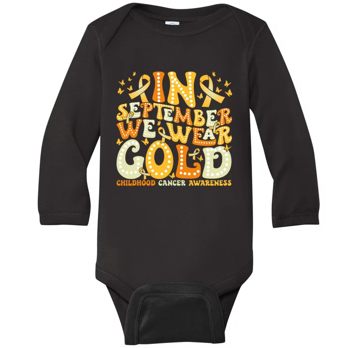 Groovy In September We Wear Gold Childhood Cancer Awareness Rainbow Ribbon Baby Long Sleeve Bodysuit