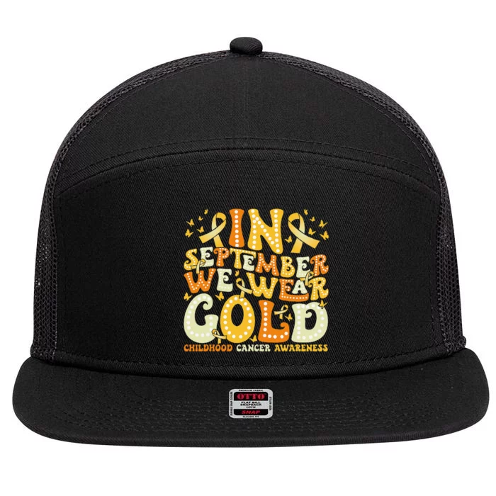 Groovy In September We Wear Gold Childhood Cancer Awareness Gift 7 Panel Mesh Trucker Snapback Hat