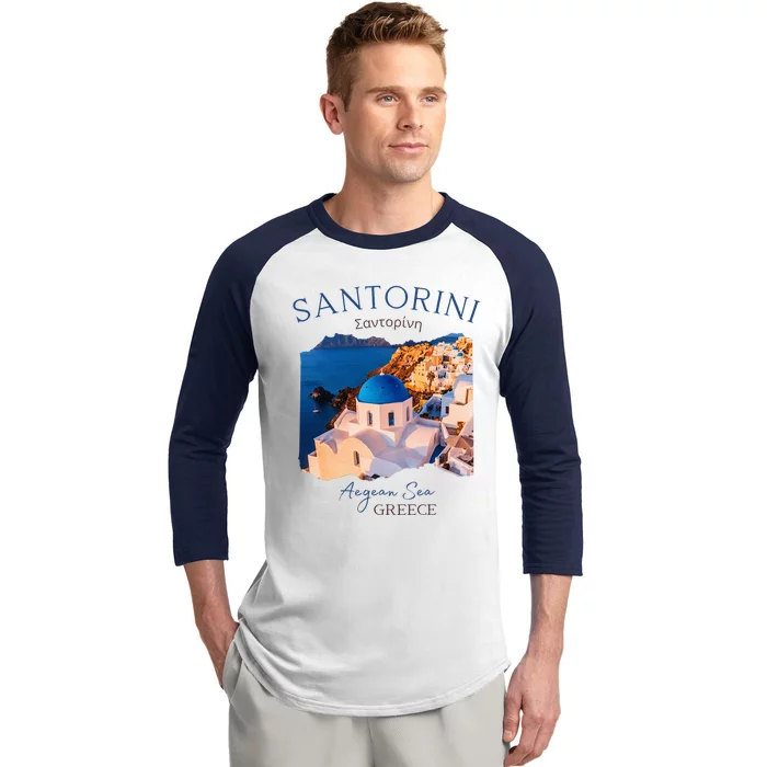 Greek Island Santorini Greece Oia Village Blue Church Baseball Sleeve Shirt