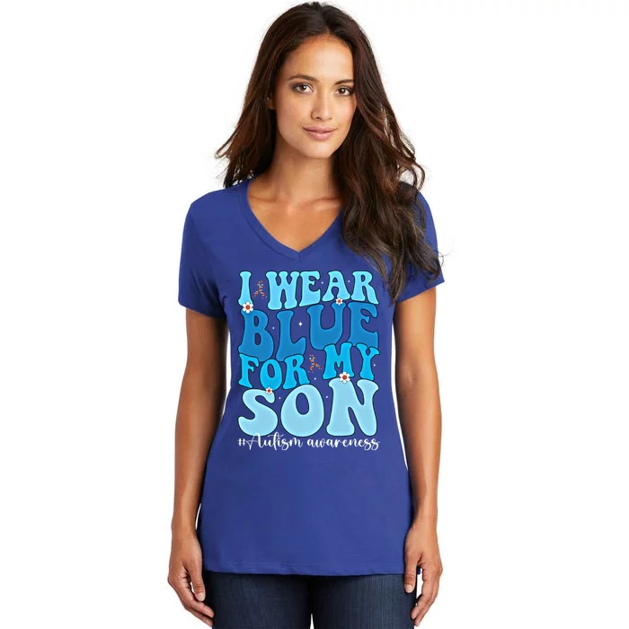 Groovy I Wear Blue For My Son Autism Awareness Mama Son Gift Women's V-Neck T-Shirt