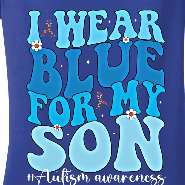 Groovy I Wear Blue For My Son Autism Awareness Mama Son Gift Women's V-Neck T-Shirt