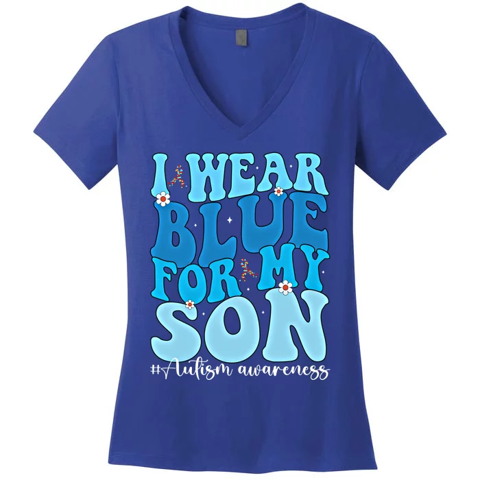 Groovy I Wear Blue For My Son Autism Awareness Mama Son Gift Women's V-Neck T-Shirt