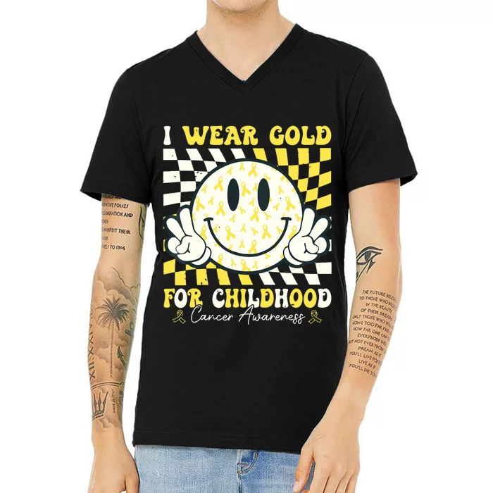 Groovy I Wear Gold For Childhood Cancer Awareness Ribbon V-Neck T-Shirt