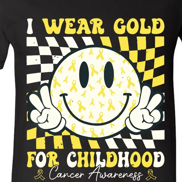 Groovy I Wear Gold For Childhood Cancer Awareness Ribbon V-Neck T-Shirt