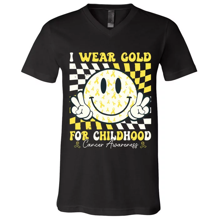 Groovy I Wear Gold For Childhood Cancer Awareness Ribbon V-Neck T-Shirt