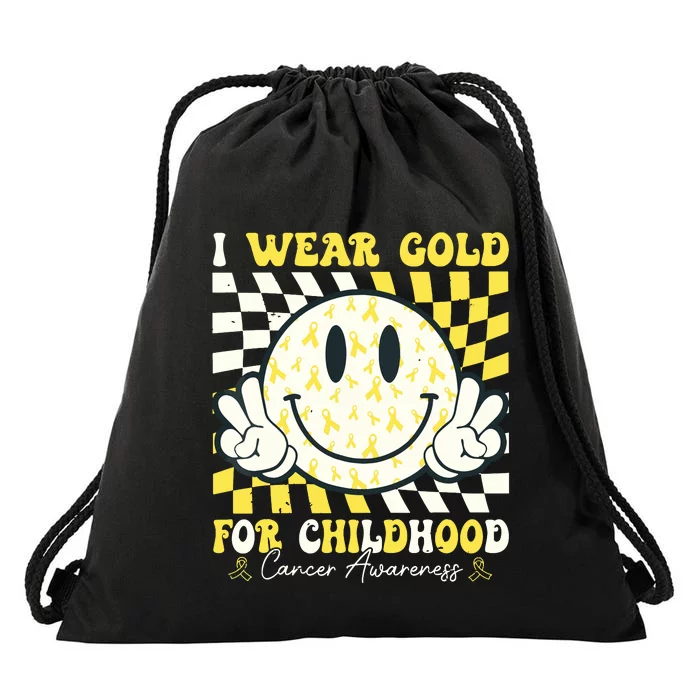 Groovy I Wear Gold For Childhood Cancer Awareness Ribbon Drawstring Bag