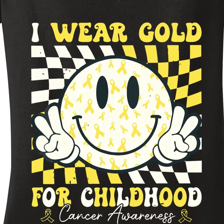 Groovy I Wear Gold For Childhood Cancer Awareness Ribbon Women's V-Neck T-Shirt