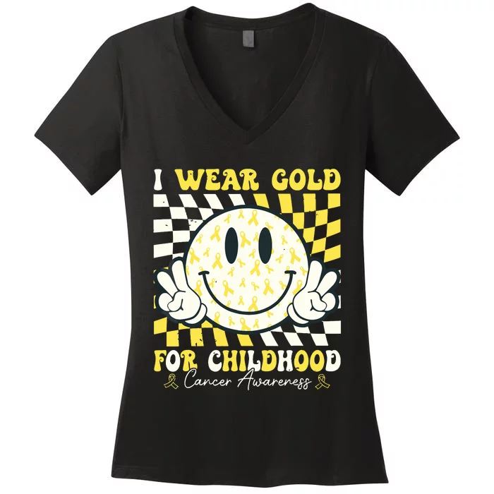 Groovy I Wear Gold For Childhood Cancer Awareness Ribbon Women's V-Neck T-Shirt