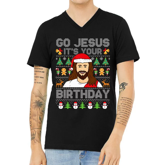 Go Jesus It's Your Birthday Ugly Christmas Sweater Funny V-Neck T-Shirt