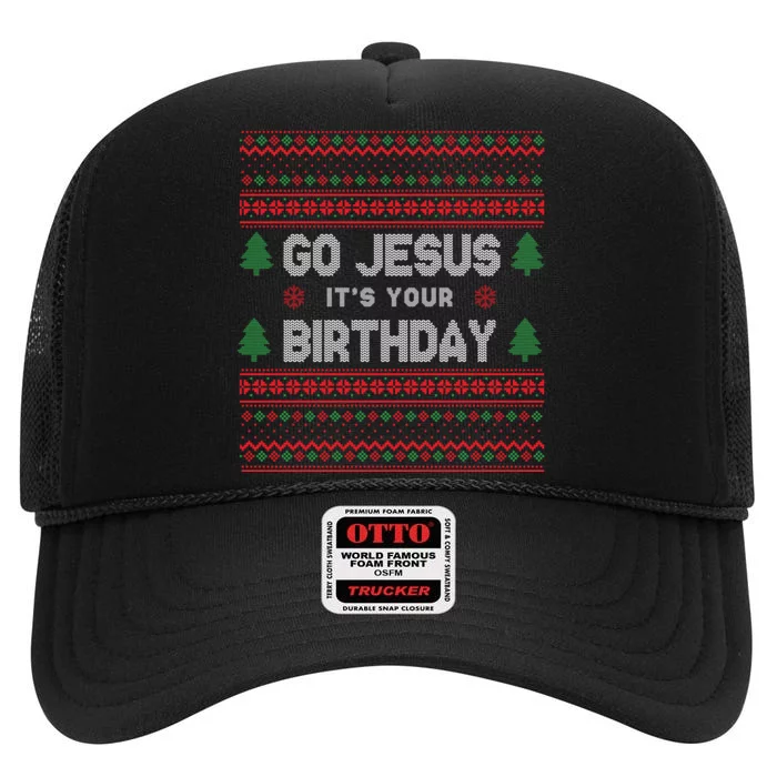 Go Jesus It's Your Birthday Ugly Christmas High Crown Mesh Trucker Hat