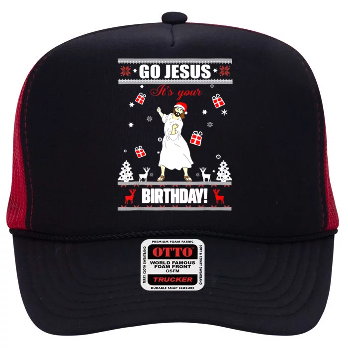 Go Jesus ItS Your Birthday Funny Christian Ugly Christmas High Crown Mesh Trucker Hat