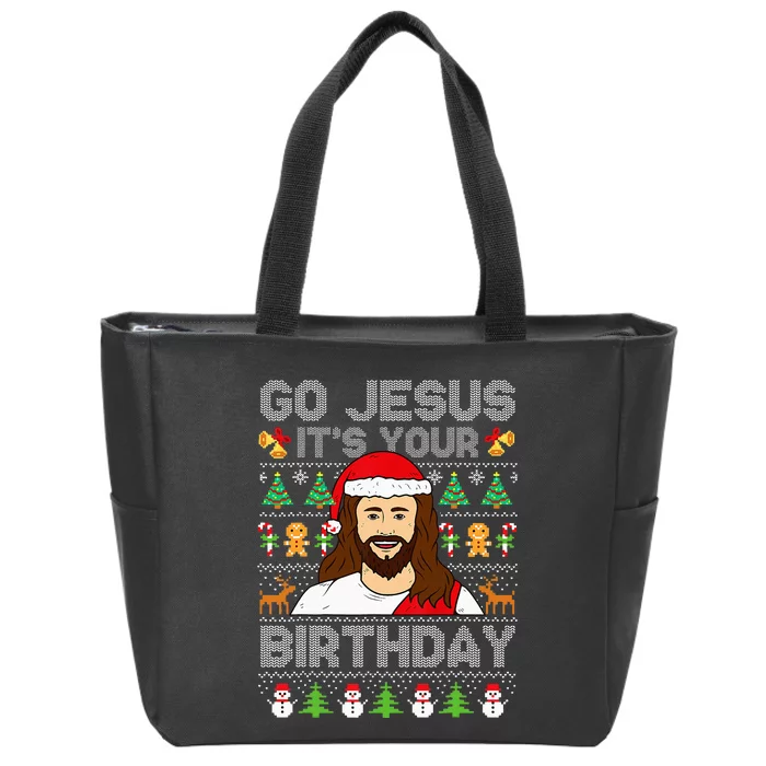 Go Jesus ItS Your Birthday Ugly Christmas Sweater Zip Tote Bag