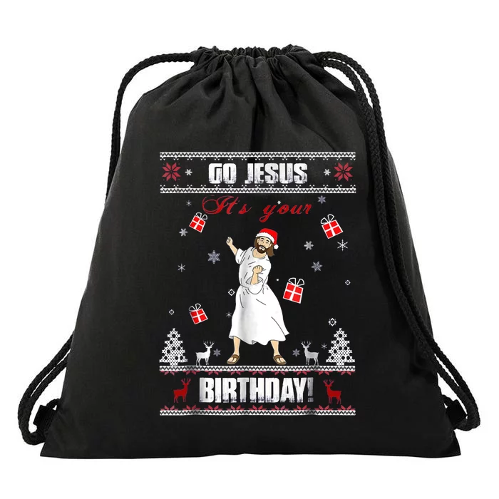 Go Jesus ItS Your Birthday Ugly Christmas Sweater Drawstring Bag