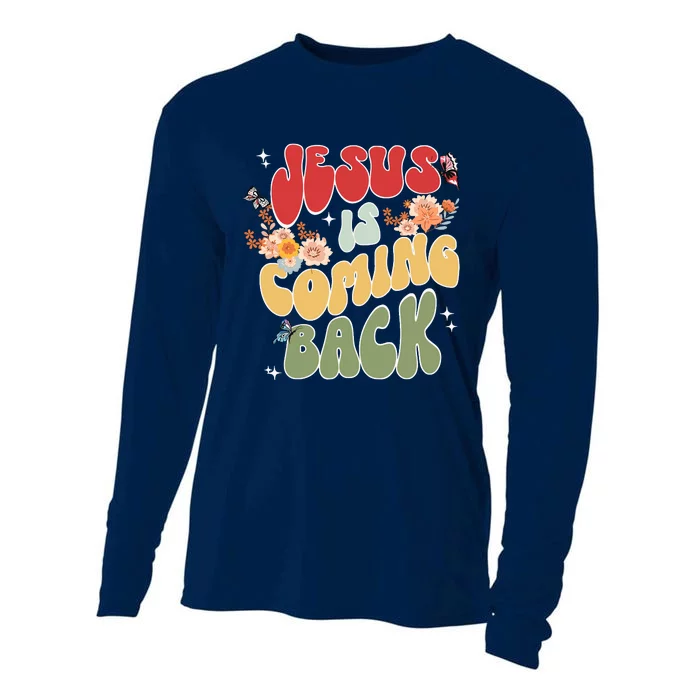 Groovy Jesus Is Coming Back Hippie Daisy Christian Christmas Cooling Performance Long Sleeve Crew