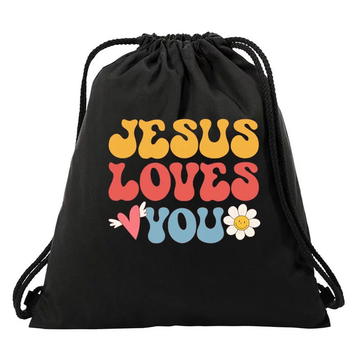 Groovy Jesus Loves You Christian 70's Hippie Drawstring Bag