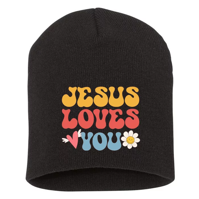 Groovy Jesus Loves You Christian 70's Hippie Short Acrylic Beanie