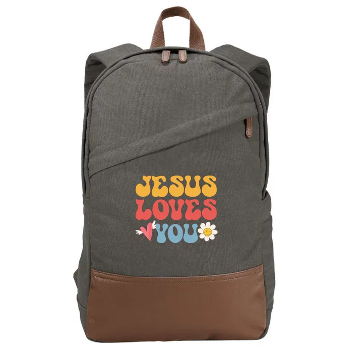 Groovy Jesus Loves You Christian 70s Hippie Cotton Canvas Backpack