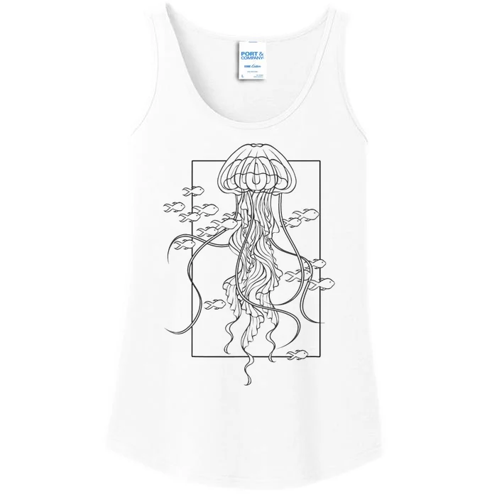 Graphic Jellyfish With Fishes In Sea Ladies Essential Tank