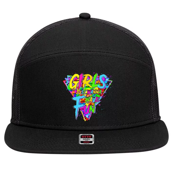 Girl Just Wanna Fun 80s 1980s Nostalgia 7 Panel Mesh Trucker Snapback Hat