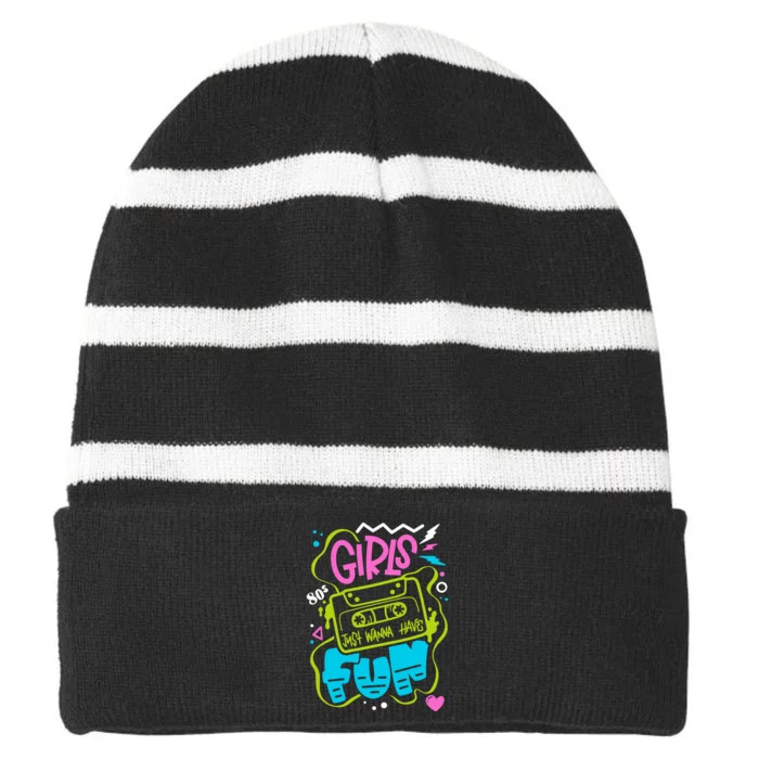 Girls Just Wanna Have Fun Nostalgia 1980s Striped Beanie with Solid Band