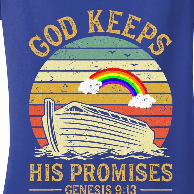 God Keeps His Promises Rainbow Noah Ark Jesus Christian Women's V-Neck T-Shirt