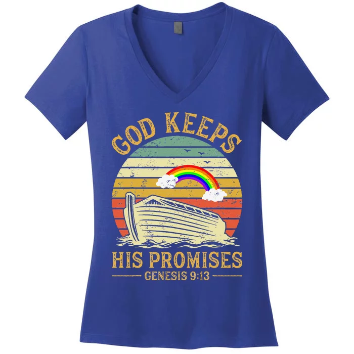 God Keeps His Promises Rainbow Noah Ark Jesus Christian Women's V-Neck T-Shirt