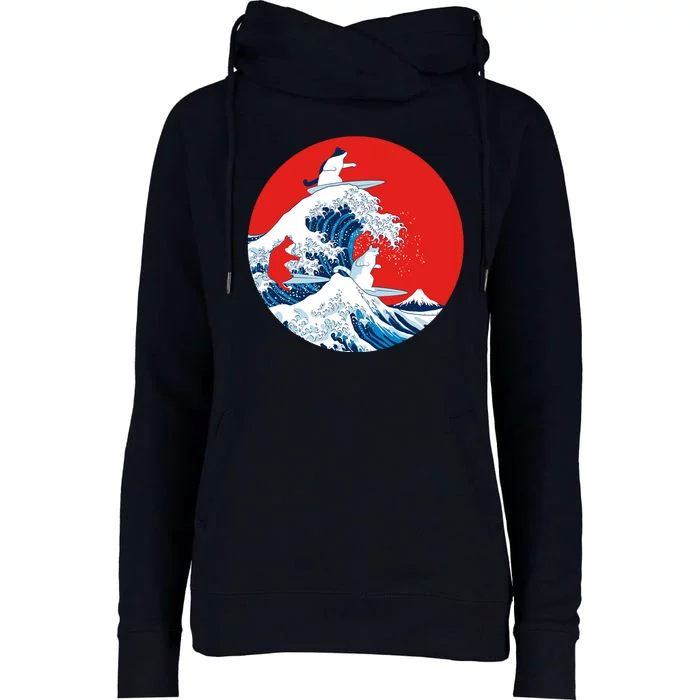 Great Kanagawa Wave Of Cats Womens Funnel Neck Pullover Hood