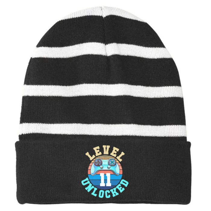 Gamer Level 11 Unlocked Video Game 11th Birthday Striped Beanie with Solid Band