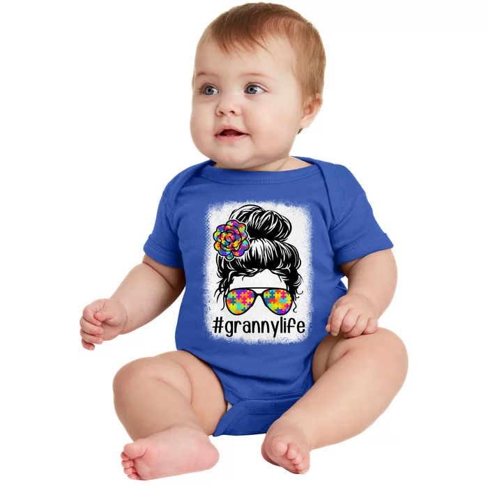 Granny Life Autism Awareness Messy Bun Bleaches MotherS Day Gift Baby Bodysuit