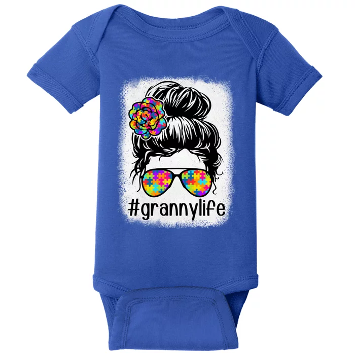 Granny Life Autism Awareness Messy Bun Bleaches MotherS Day Gift Baby Bodysuit