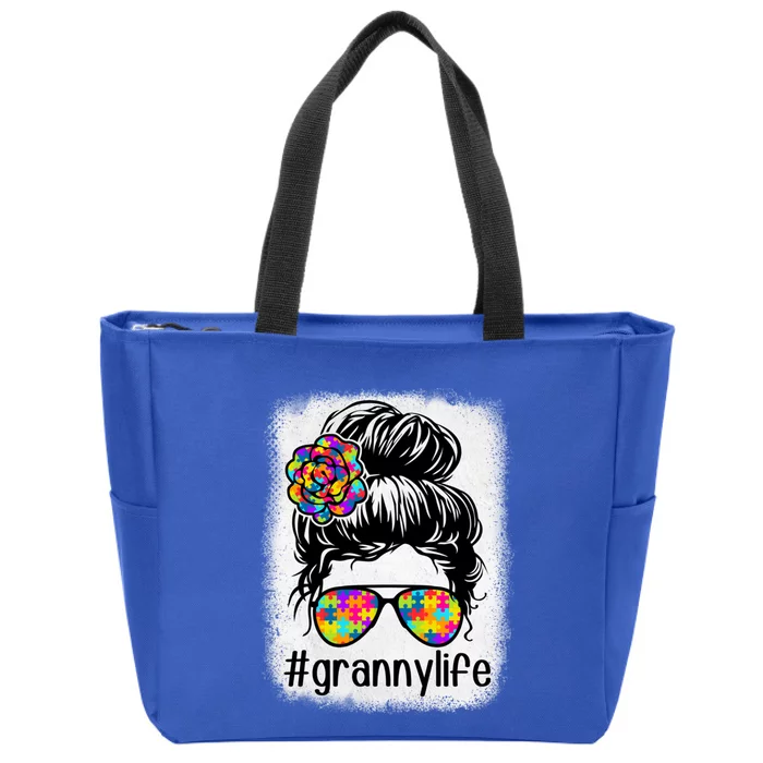 Granny Life Autism Awareness Messy Bun Bleaches MotherS Day Gift Zip Tote Bag