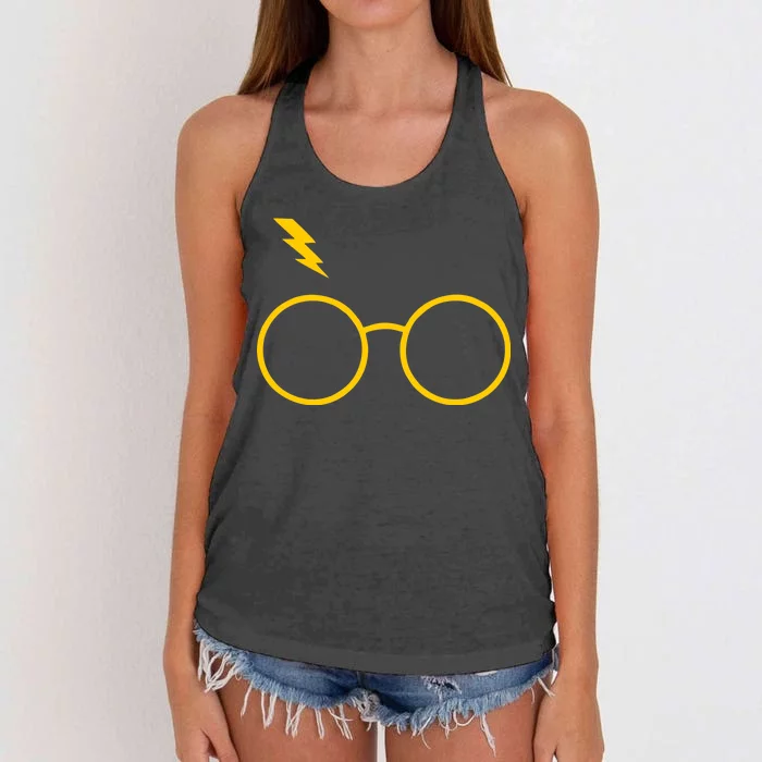 Glasses and Lightening Scar Wizard Logo Women's Knotted Racerback Tank