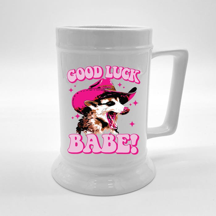 Good Luck Babe Pink Pony Club Cowgirls Western Opossum Front & Back Beer Stein