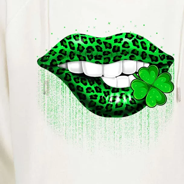 Green Lips Biting Leopard Irish Costume Happy St Patrick's Day Womens Funnel Neck Pullover Hood