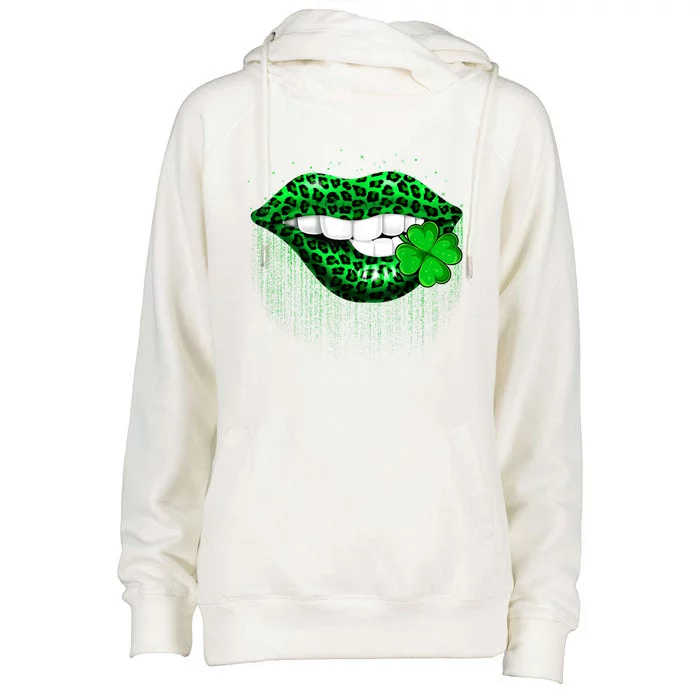 Green Lips Biting Leopard Irish Costume Happy St Patrick's Day Womens Funnel Neck Pullover Hood