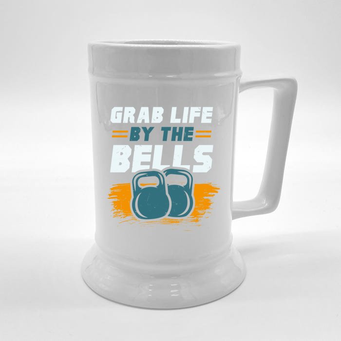 Grab Life By The Bells Kettlebells Workout Funny Gift Front & Back Beer Stein